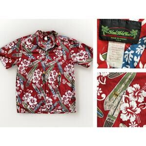 Hawaiian Shirt Red White Hibiscus Surf Boards Camp Men’s Large Vtg USA Made
